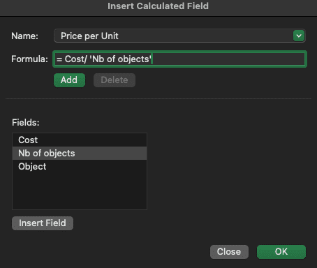 How to add a calculated field in Excel.