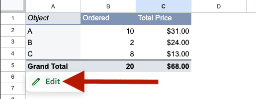 Edit button in a pivot table (Good Sheets).