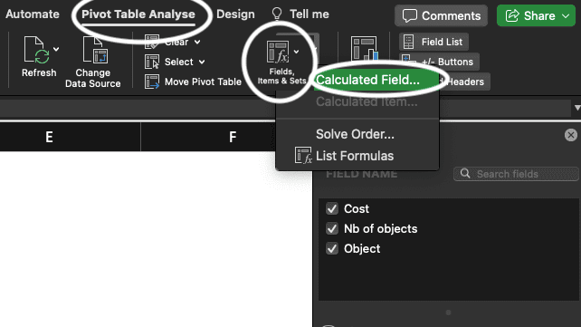 Pivot table analyse, Fields, Items and Sets, calculated field in Excel.