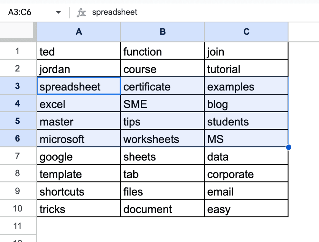How to use Shift + Arrow shortcut in Google Sheets.