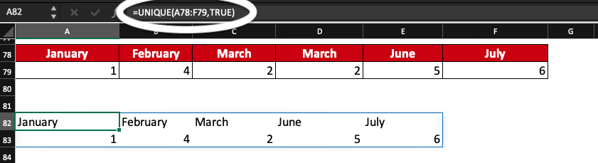 Table in Excel with unique values from a horizontal table.