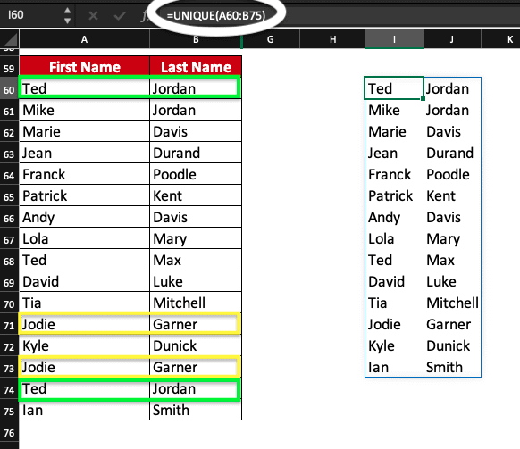 Unique function used on a vertical table in Excel to find unique values.
