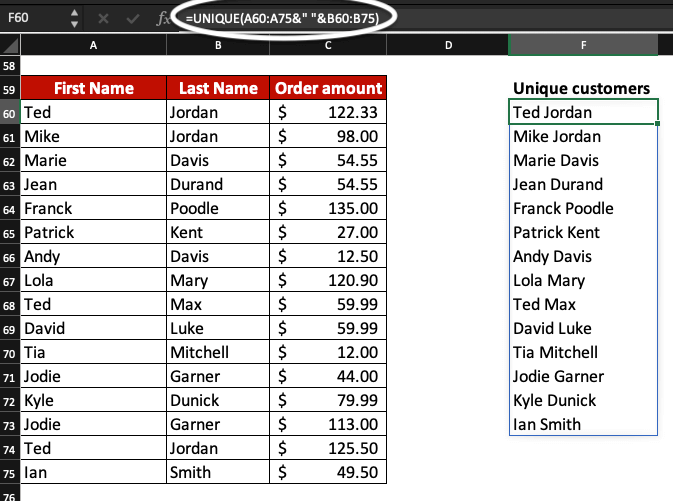 Unique function in Excel, combined with ampersands.