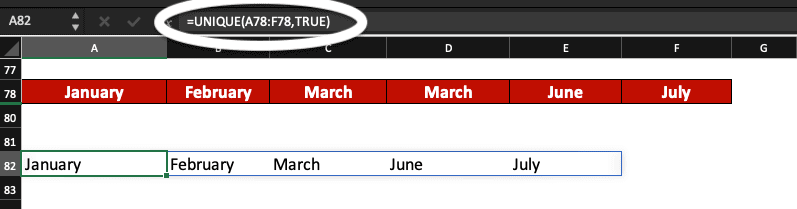 Find unique values in a row in Excel.