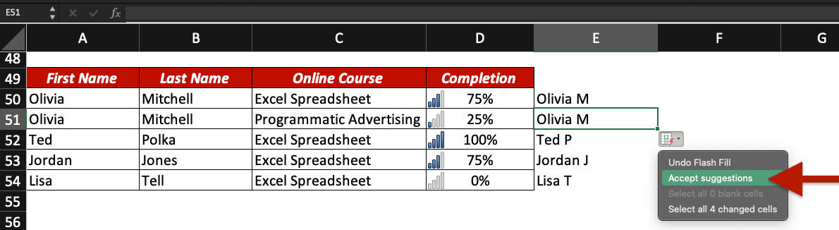 The system asks us to accept or not its suggestions after pressing the Flash Fill shortcut in Excel.