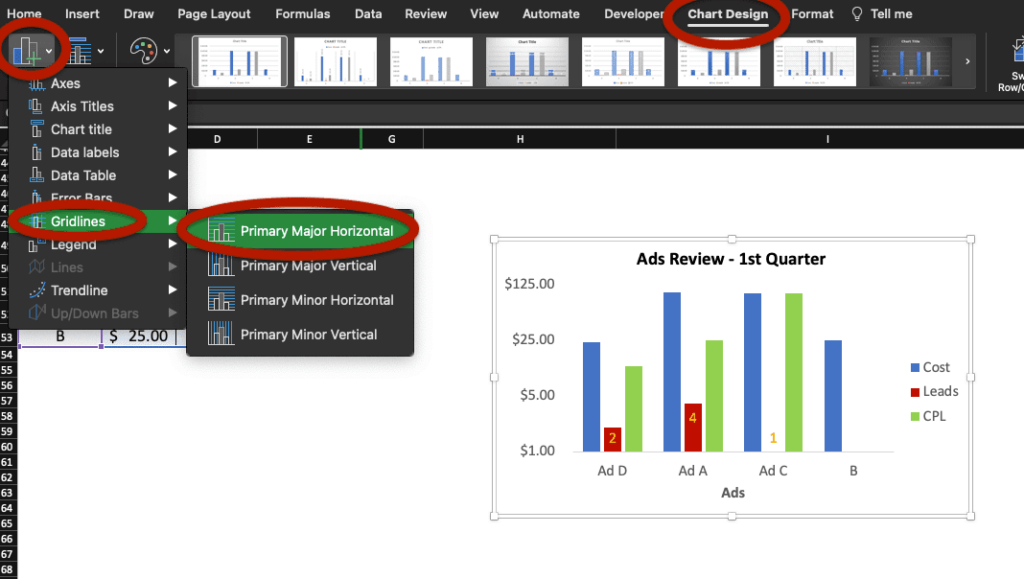 Chart formatting options in Excel: image highlighting where to find Gridlines to remove them.