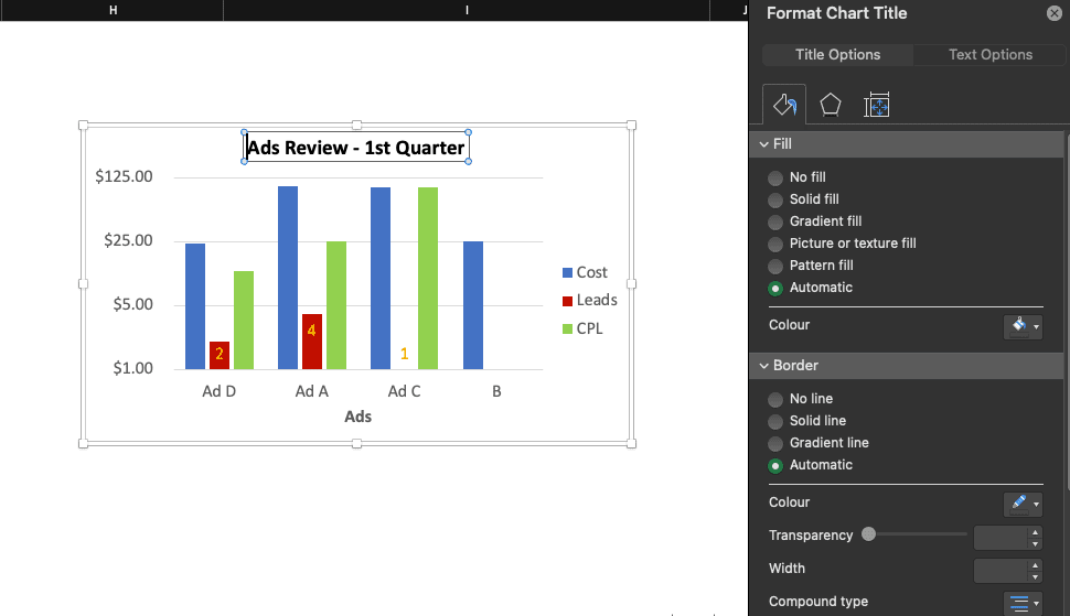Chart title selected and Format Chart Title window on the right side in Excel.