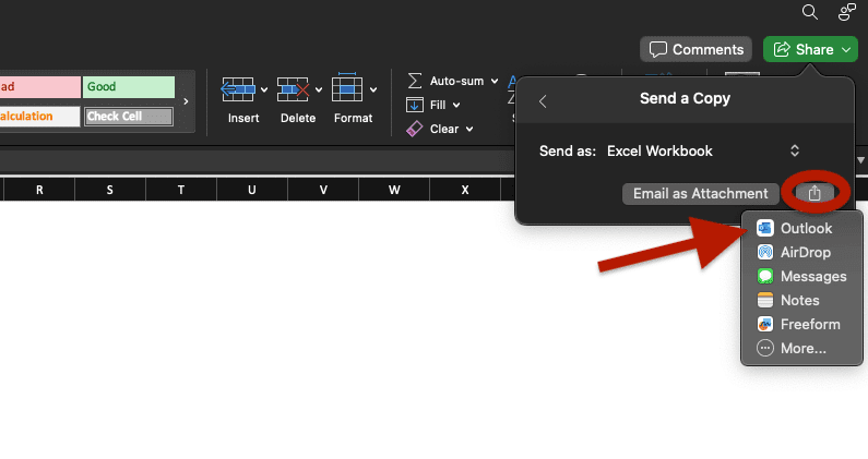 Send Excel workbook as email attachment options.