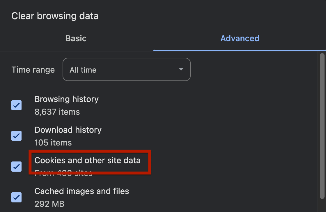 Clear browsing data: cookies and other site data.
