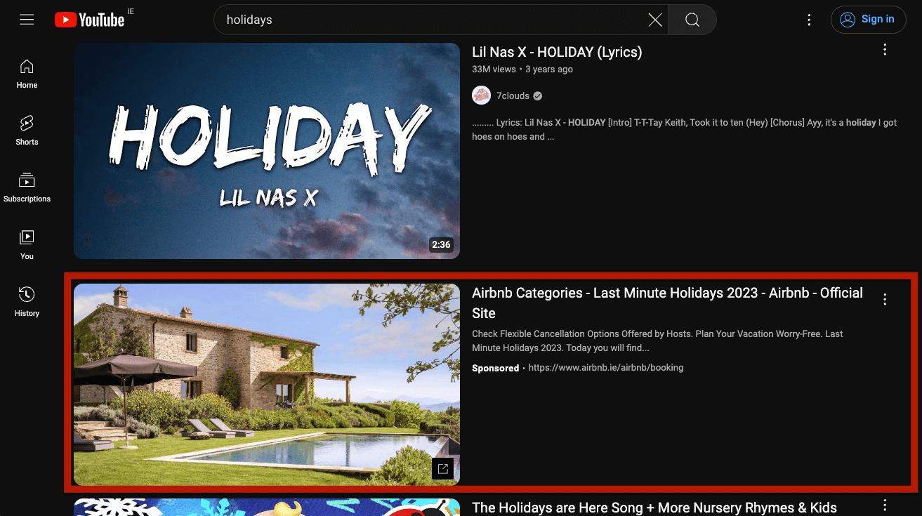 Ad for Airbnb on YouTube after using the keyword "holidays". Example of contextual keyword targeting.