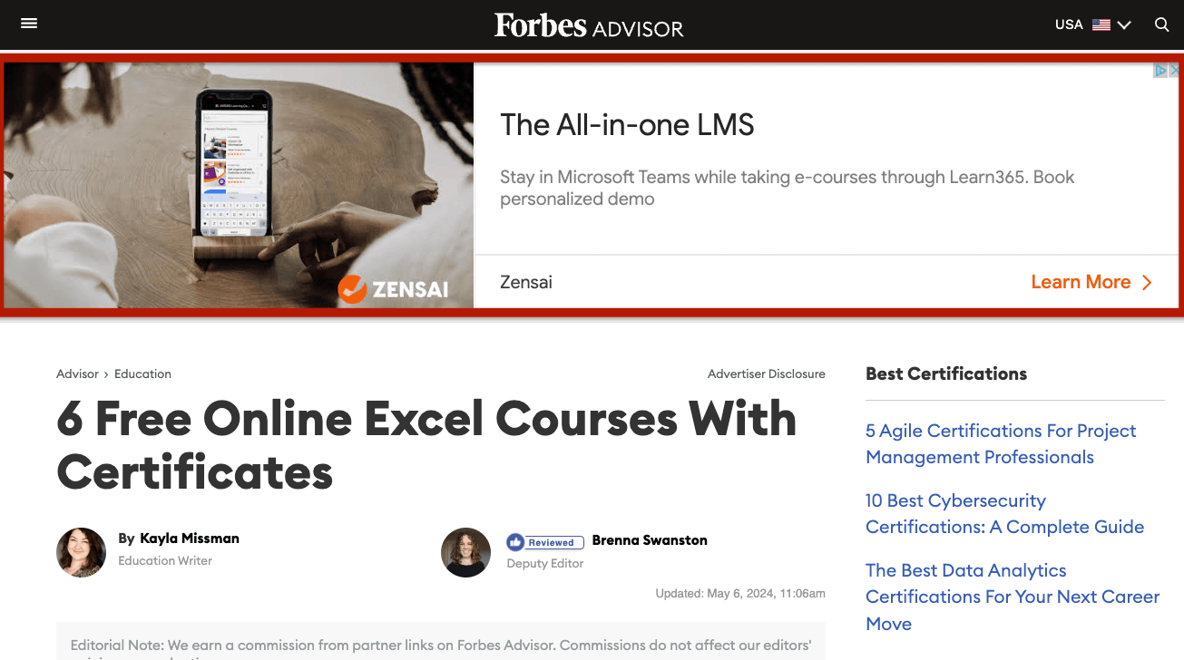 Ad for ZENSAI displayed thanks to contextual advertising.