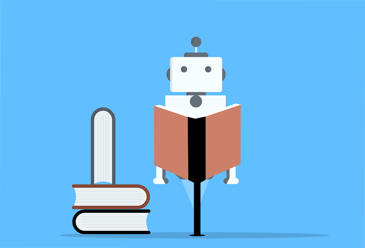 Machine learning represented by a robot reading a book. More books are next to it.