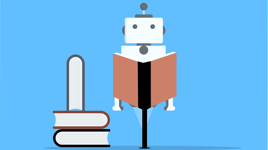 Machine learning: a robot is learning from books.